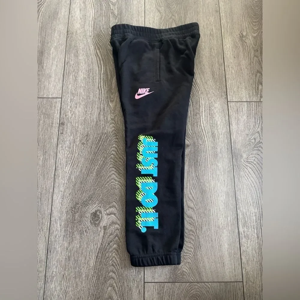 Nike Kids Black Joggers with Pink Logo and Blue Text